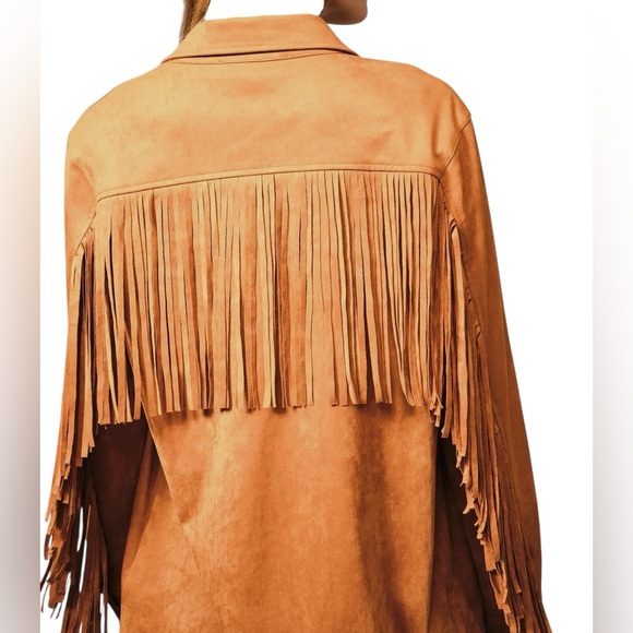NEW Blue b Copper Brown Faux Suede Allover Back Chevron Fringe Retro Jacket S - Picture 8 of 9